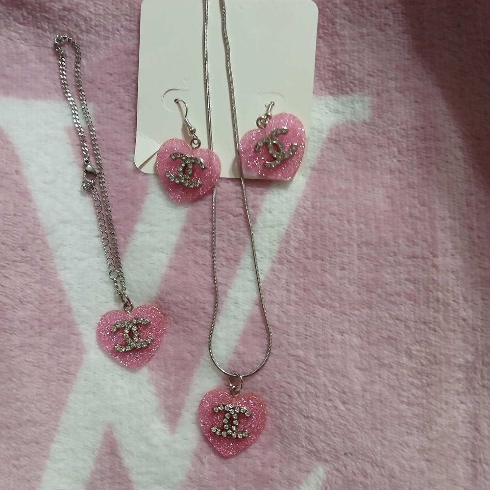 Chanel Pink Heart Jewelry Set with Silver Accents.